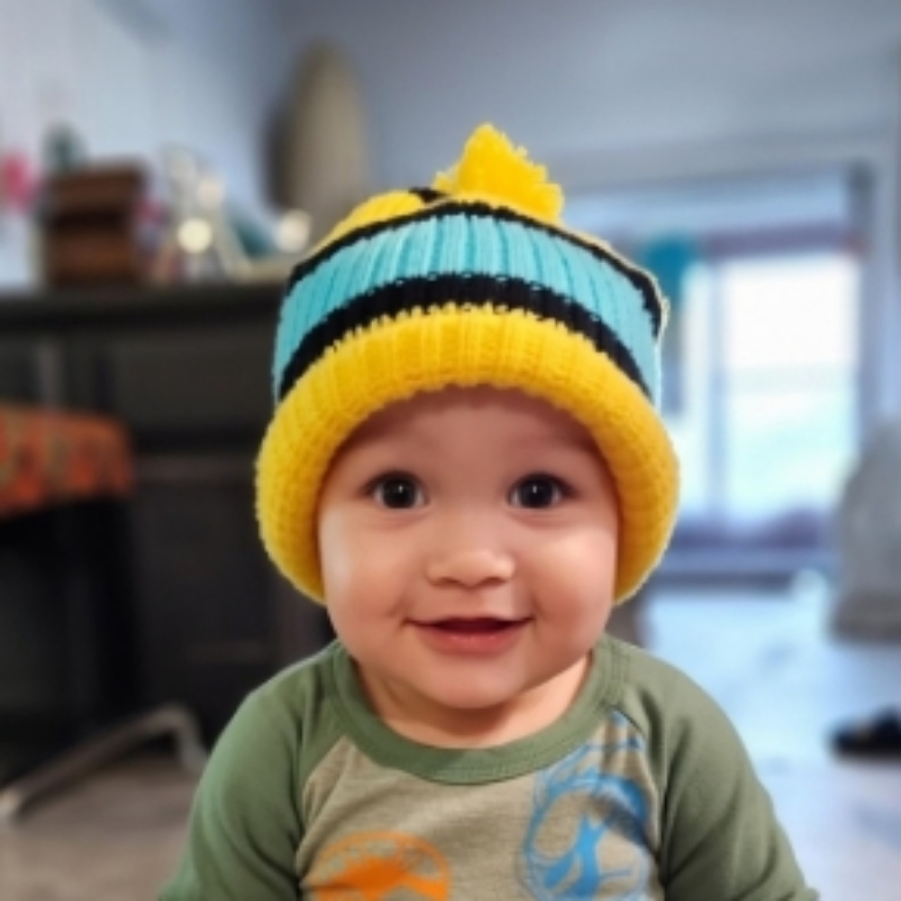 Striped Beanie with Yellow and Blue Accents Fits Toddlers Kids